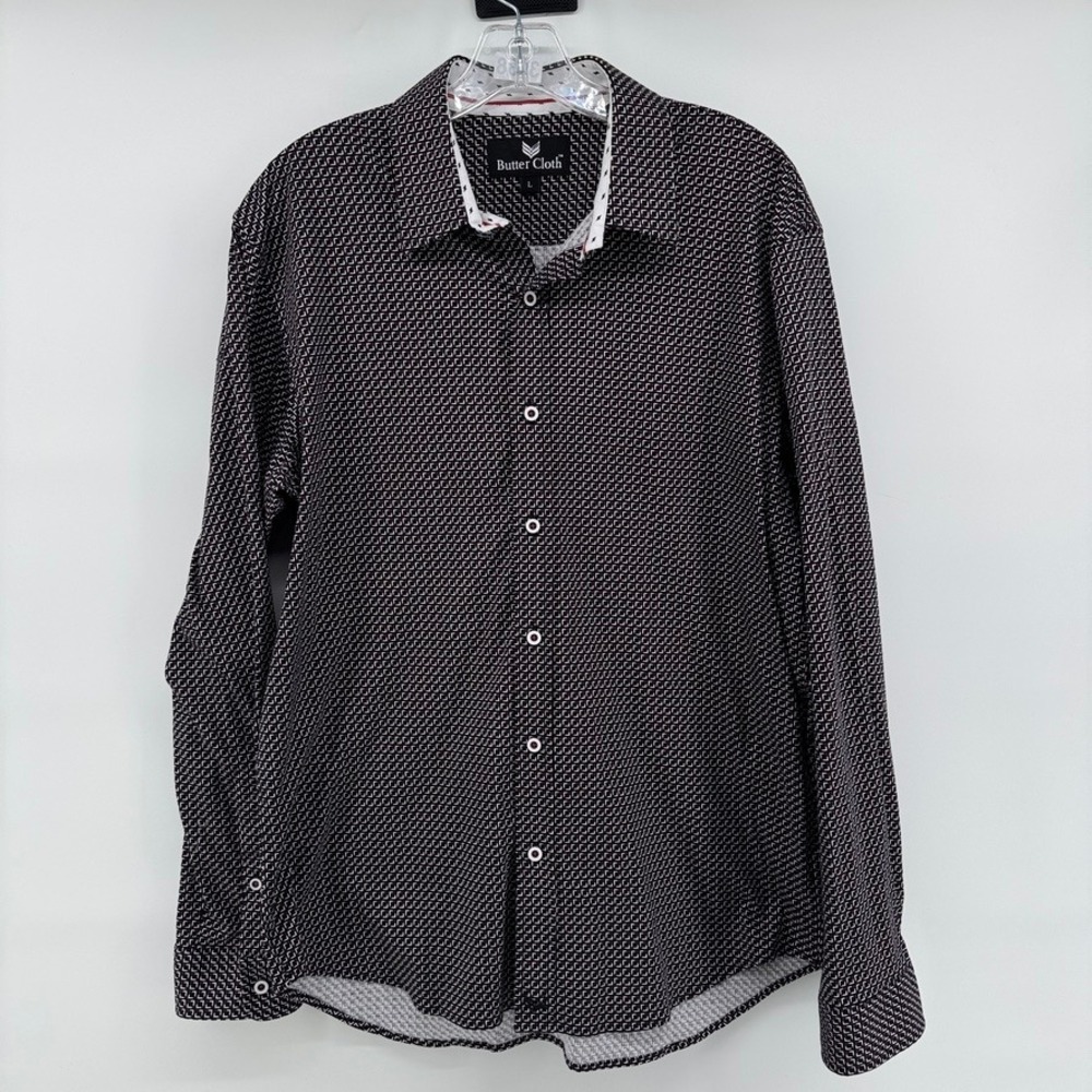 Butter Cloth Mens Geometric Square Print Long Sleeve Button Down Shirt Black L